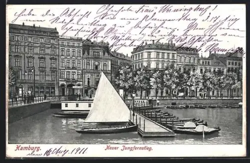 AK Hamburg, Neuer Jungfernstieg, Segelboote, Alsterufer