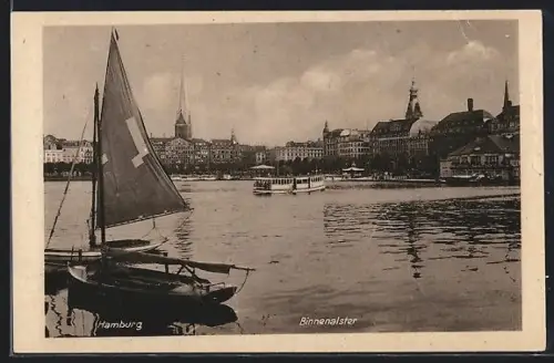 AK Hamburg, Binnenalster, Segelboot, Dampfer