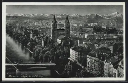 AK München, Isarpartie mit Gebirge