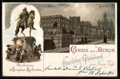 Lithographie Berlin, Neuer Dom und Königliches Schloss, Denkmal des Grossen Kurfürsten