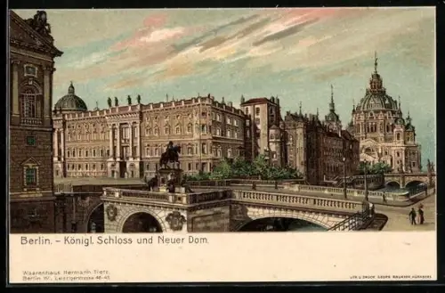 Lithographie Berlin, Königliches Schloss, Schloss, Denkmal und Neuer Dom