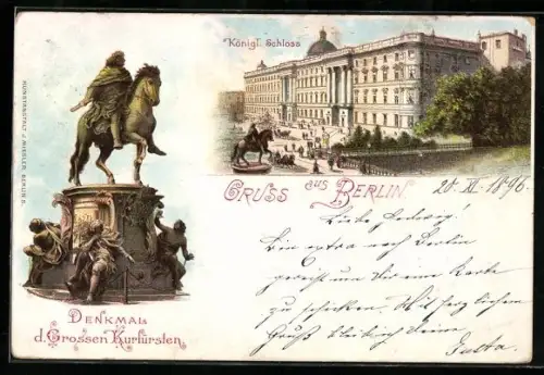Lithographie Berlin, Königliches Schloss & Denkmal des Grossen Kurfürsten