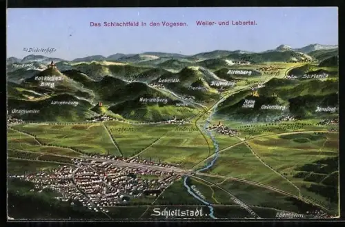 Künstler-AK Eugen Felle: Schlettstadt, Die Schlacht in den Vogesen, Ortsansicht mit Weiler- und Lebertal