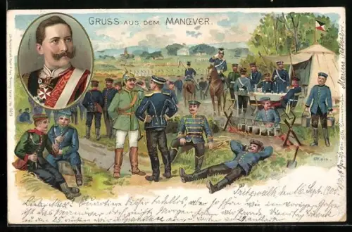 Lithographie Gruss aus dem Manoever, Soldaten im Lager, Porträt Kaiser Wilhelm