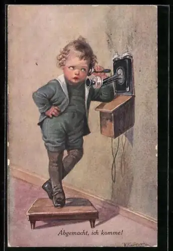 Künstler-AK Wally Fialkowska: Kleiner Junge am Telefon