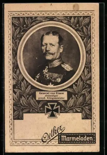 AK Preussischer Kriegsminister General von Einem, Reklame für Oetker-Marmeladen