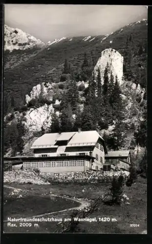 AK Waxriegel Naturfreundehaus, Blick auf die Berghütte
