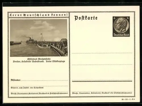 AK Stolpmünde, Anleger mit Booten, Ganzsache Lernt Deutschland kennen