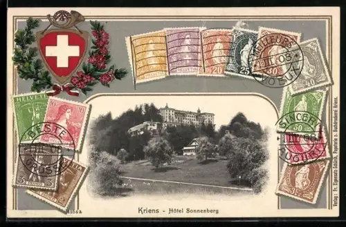 AK Kriens, Hotel Sonnenberg mit Briefmarken