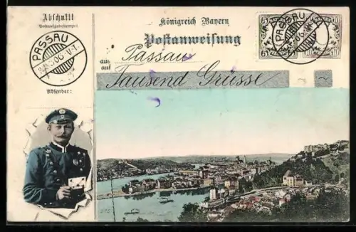 AK Passau, Briefträger, Stadtpanorama