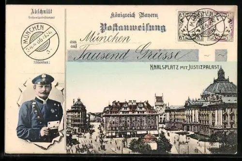 AK München, der Karlsplatz mit dem Justizpalast, Briefträger mit Briefsendung