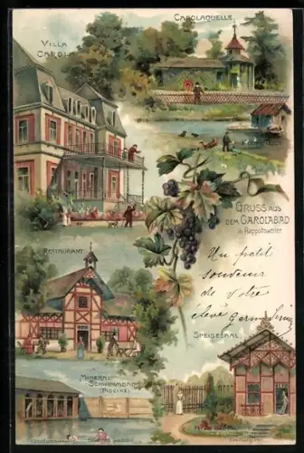 Lithographie Rappoltsweiler, Vue de la Villa Carola, Carolaquelle, Restaurant et Piscine Minérale