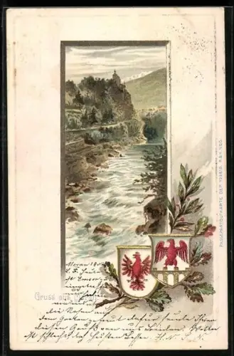 Lithographie Meran, Flusspartie mit Wappen