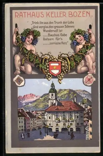 Künstler-AK Bozen, Gasthaus Rathaus Keller, Kinder mit Trauben halten Schmuck und Wappen