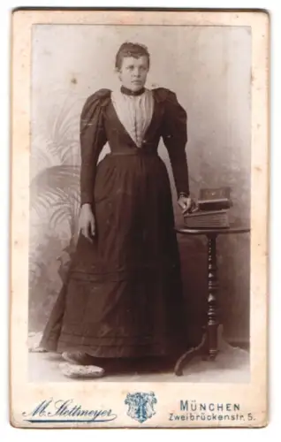Fotografie M. Stettmeyer, München, Zweibrückenstr. 5, Frau im eleganten Kleid mit Büchern