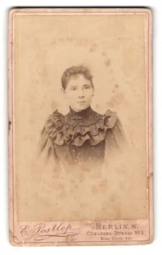 Fotografie E. Postlep, Berlin, Chausseestrasse 5, Porträt einer Frau in elegantem Kleid