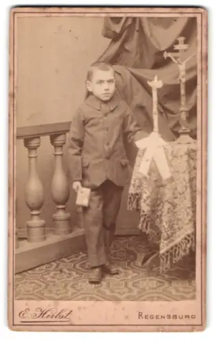 Fotografie E. Herbst, Regensburg, Fabeckstrasse 41, Junger Junge mit Buch