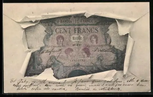 AK France, Geldschein durch zerrissenes Papier