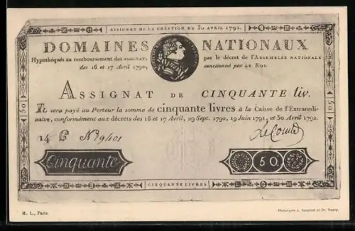AK Französischer Geldschein über fünfzig Livres