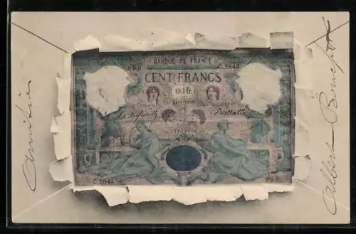 AK France, Geldschein durch zerrissenes Papier