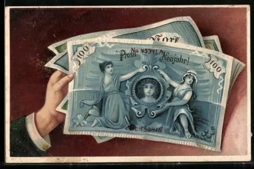 AK Neujahrsgruss, Geldscheine