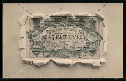 AK Francs, 50 Cinquante Geldschein durch zerrissenes Papier