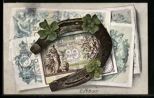 AK Geldscheine Zwanzig, Hundert Francs, mit Hufeisen und Kleeblättern