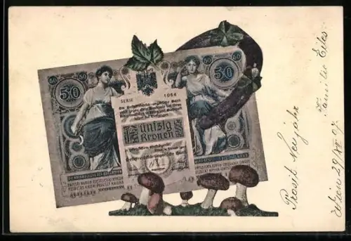 AK Österreich-Ungarn, Geldschein mit Hufeisen und Champignons