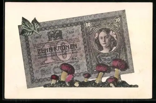 AK Frauenbildnis mit Blüten im Haar auf einem 10 Mark Geldschein d. österr.-ungar. Bank