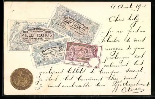 Künstler-AK Bruxelles, Geldscheine- und Münze