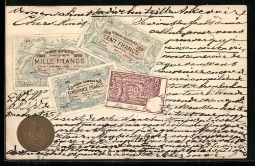 Künstler-AK Bruxelles, Geldscheine- und Münze