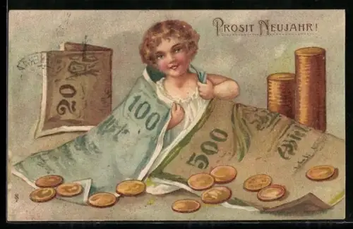 AK Kind mit Geldscheinen- und Münzen, Neujahrsgruss