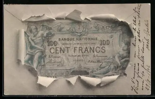 AK Bruxelles, Geldschein durch zerrissenes Papier