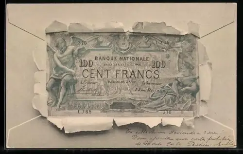 AK Französischer Geldschein und zerrissenes Couvert
