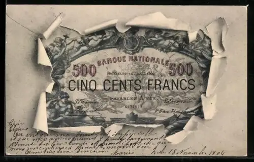 AK Bruxelles, Geldschein durch zerrissenes Papier