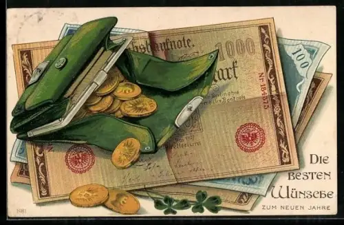 Präge-AK Geldscheine und Geldbörse mit Münzen, Neujahrsgruss