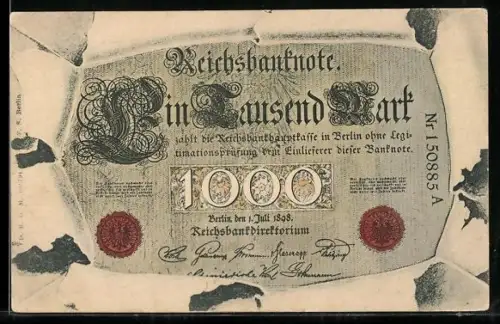 AK Berlin, Geldschein über eintausend Mark durch zerrissenes Papier