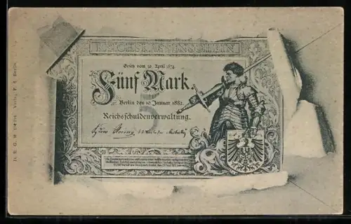 AK Berlin, Geldschein über fünf Mark durch zerrissenes Papier