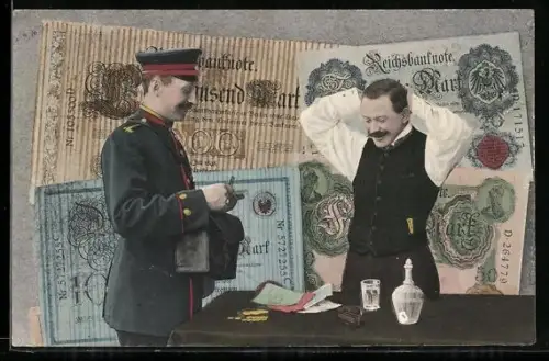 AK Postbote bei Mann mit Geldscheinen- und Münzen