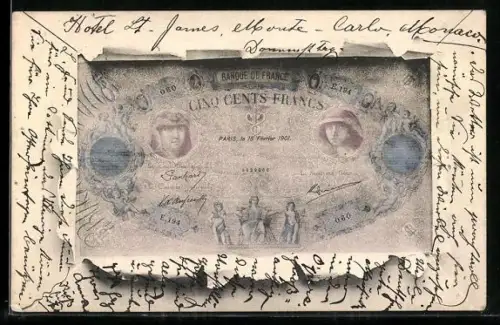 AK Paris, Geldschein durch zerrissenes Papier