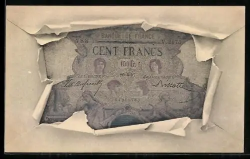 AK Geldschein Cent Francs in einem aufgerissenen Brief