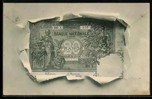 AK Bruxelles, Geldschein über zwanzig Francs durch zerrissenes Papier