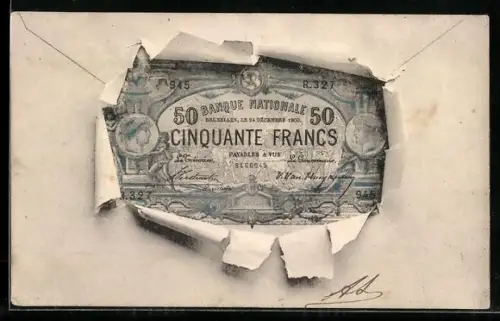 AK Bruxelles, Geldschein über fünfzig Francs durch zerrissenes Papier