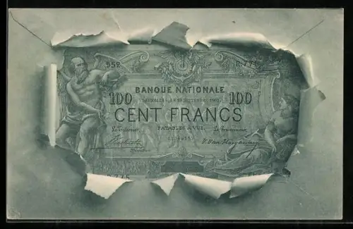 AK Bruxelles, Geldschein über hundert Francs durch zerrissenes Papier