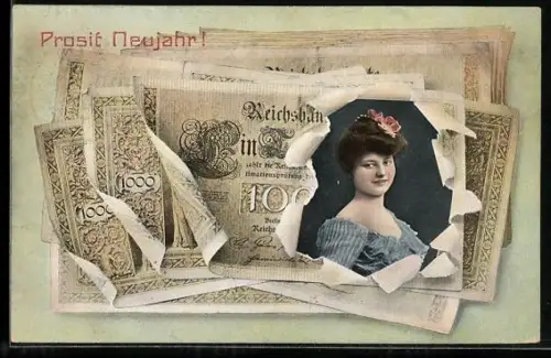 AK Frauenportrait auf Geldschein, Neujahrsgruss