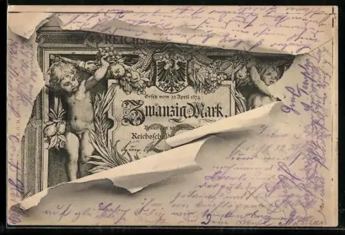 AK Berlin, Geldschein über zwanzig Mark durch zerrissenes Papier