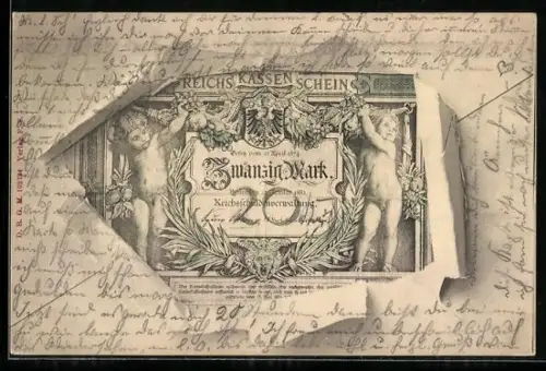 AK Berlin, Geldschein über zwanzig Mark durch zerrissenes Papier