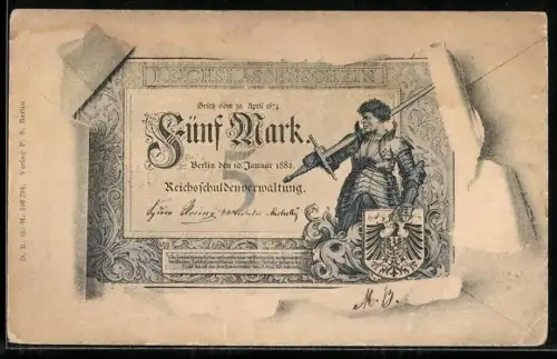 AK Berlin, Geldschein über fünf Mark durch zerrissenes Papier