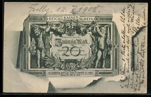 AK Berlin, Geldschein über zwanzig Mark durch zerrissenes Papier