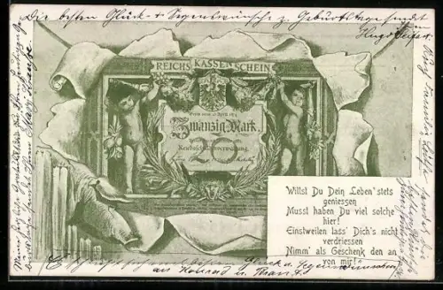 AK Berlin, Geldschein über zwanzig Mark durch zerrissenes Papier